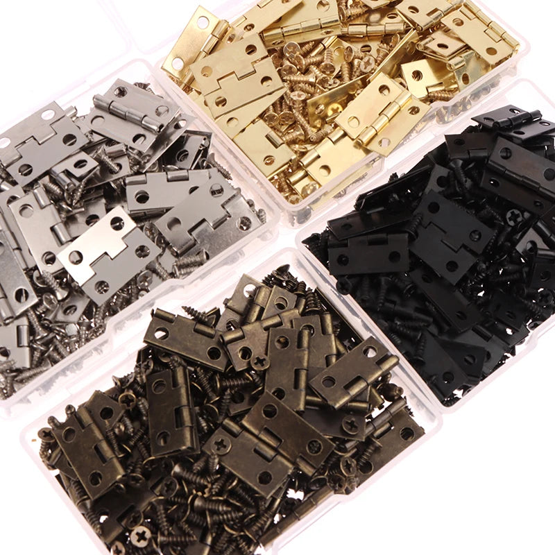 50pcs/box 4 Holes Mini Hinge Decor Hinges + 200 Screws Durable Furniture Hardware Iron Gold Silver Black Bronze Vue
