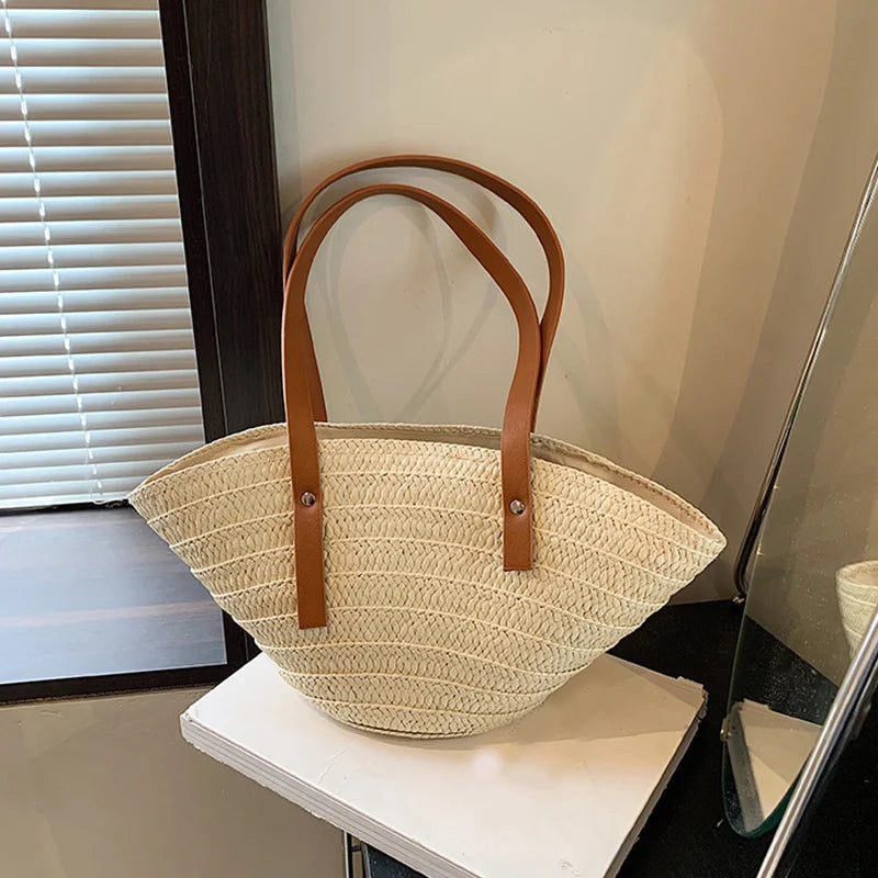 Women Braided Basket Top-handle Bag Large Capacity Straw Portable