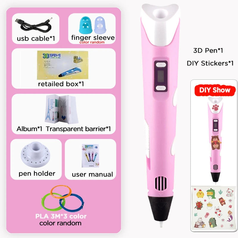 3D Printing Pen Kids PLA 40 Colors 1.75mm PLA Filaments Children 3D Doodle Pen DIY Drawing Pens Boys Girls Birthday Gifts Vue pink pen add 9M PLA Filagment
