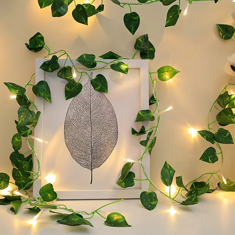 Lifelike Pothos Leaf LED Vine String Lights, Realistic Green Plant Fairy Lights for Shelf Wall Bedroom Home Decoration Vue