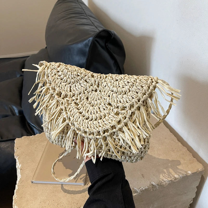 Summer Beach Women Tassels Straw Rattan Weave Shoulder Crossbody Bag