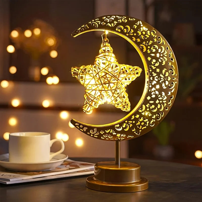 Muslim Festival LED Star Moon Lamp - Ramadan Hollow Iron Design, Battery Operated (Battery Not Included) for Table Desk Outdoor Vue