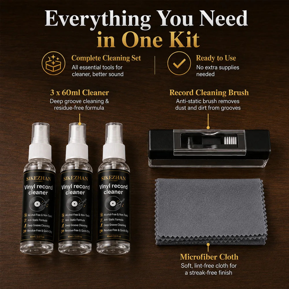 Anti Static Vinyl Record Cleaner Spray Kit Deep Groove Dust Remover Alcohol Free Liquid Microfiber Cloth Turntable LP Brush Vue