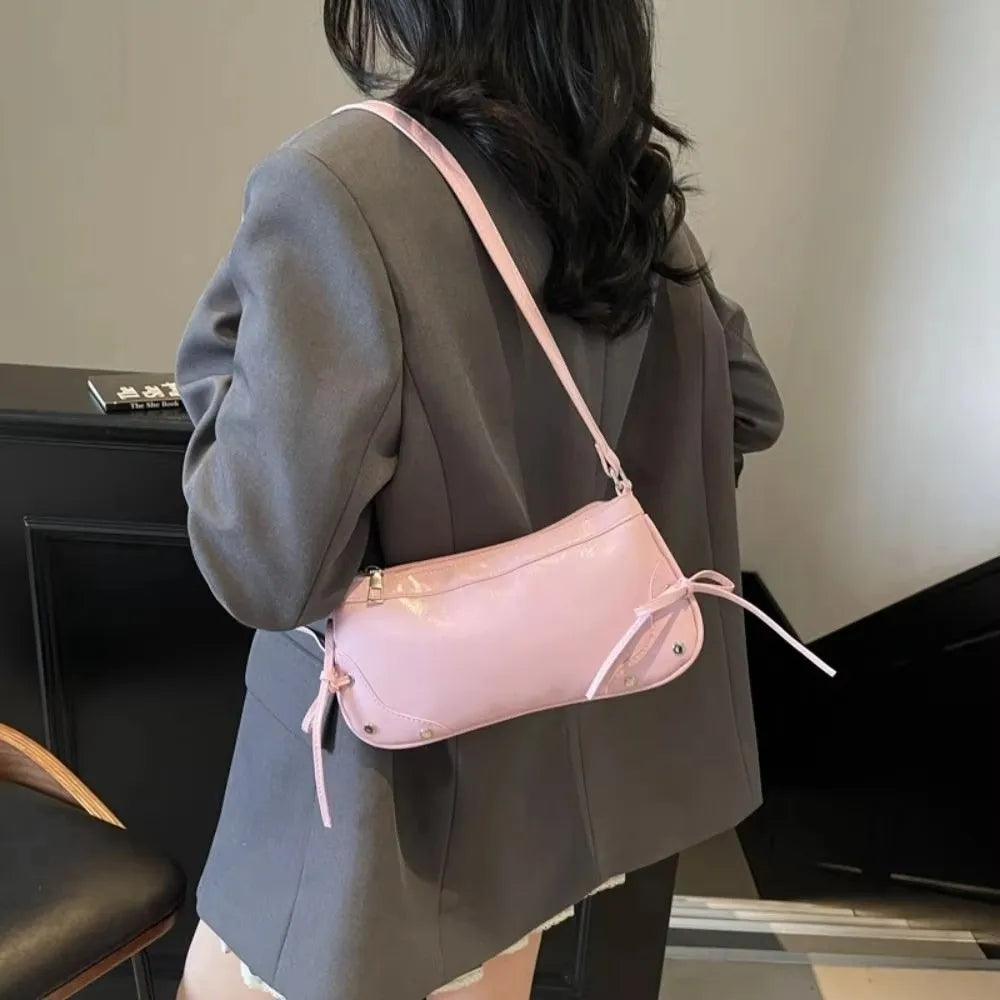 PU Leather Shoulder Bag Solid Bow Tie Decor Armpit Y2K Handbag Women