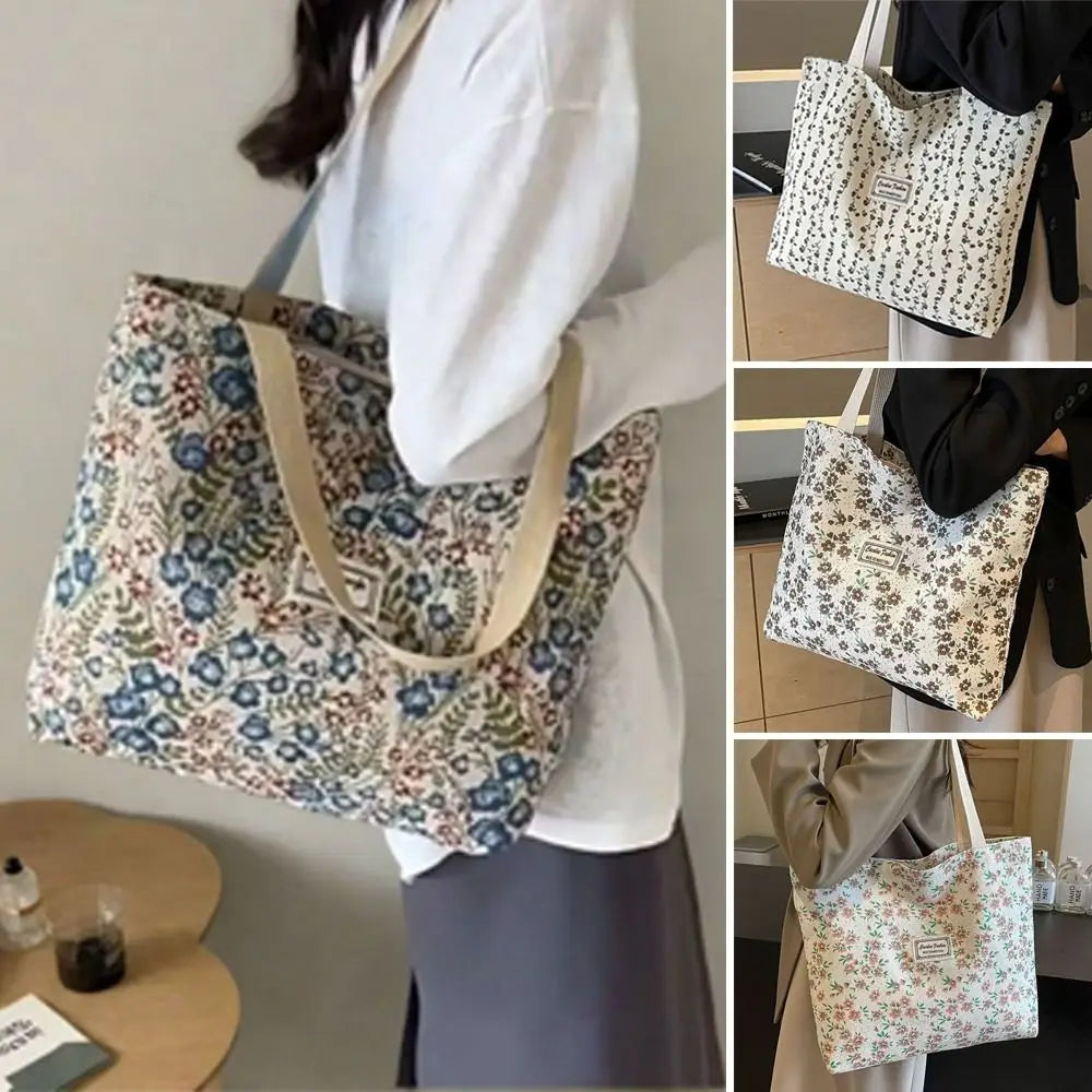 Portable Floral Canvas Tote Bag Reusable Large Capacity Commute