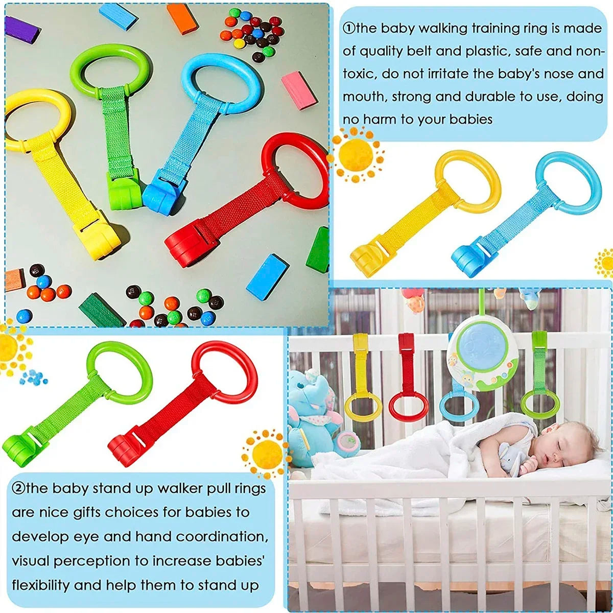 vvocci 4pcs Cot Rings Walking Baby Crib Pull Rings for Walking Training Assistant Rings Baby Stand up Ring Protection Ergonomic Vue