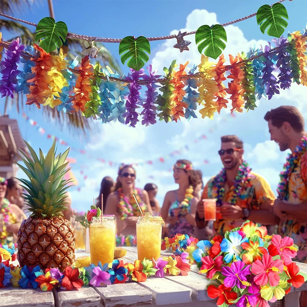 70 Pcs Hawaiian Luau Leis Decorations Supplies 30 Tropical Leaves 30 Hibiscus Flower 10 Necklace Tropical Luau Party Decoration Vue
