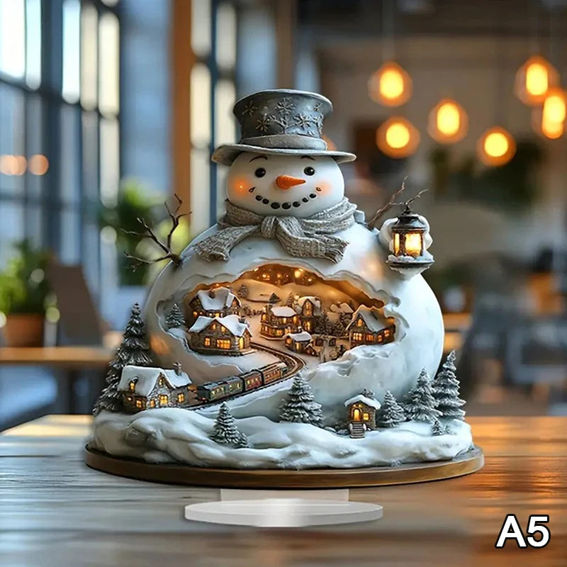 2D Flat Acrylic Christmas Desk Decor With Base Snowman House Rotating Carousel Design Indoor/Outdoor Home Office Decoration Vue A5