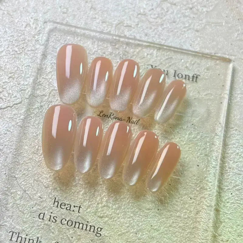 Solid Color Press On Nails, Ice Transparent Cat Eye Nails Handmade Nude Skin-Flattering Nail Patches Vue