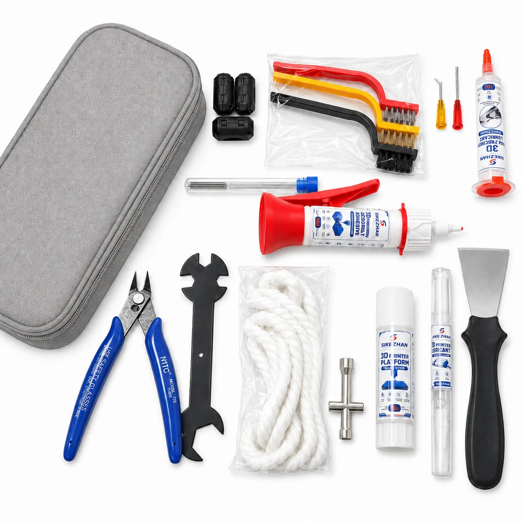 Complete 3D Printer Tool Kit Nozzle Cleaning Wire Brush Plier Spatula Wrench Platform Glue Stick Maintenance Set with Case Vue