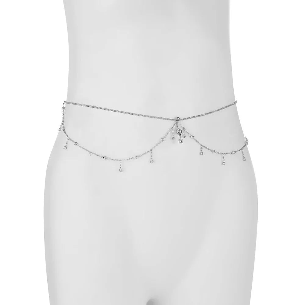 Water Drop Pendant Boho Waist Chain Double Layer Sparkling Zircon Vue Silver