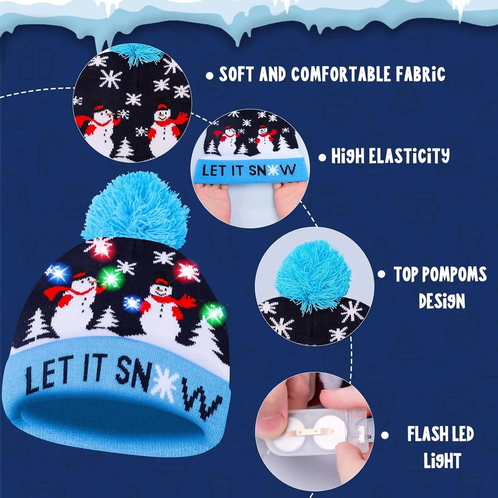 1-10PCS Christmas Novelty LED Knit Beanie with Cartoon Animal Pattern Warm Winter Hat Perfect for Party Holiday Gift Vue