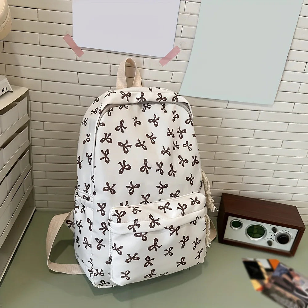 Cute Bowknot Rucksack for Teen Girls College School Travel Commute Casual Lightweight Stylish Sports Backpack Vue White-Coffee