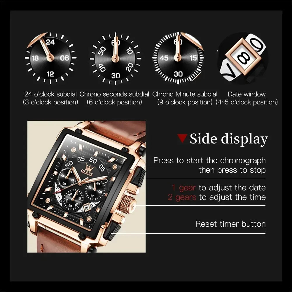 OLEVS 9919 Square Quartz Watch – Leather, Luminous, Waterproof Quartz Wristwatch Vue