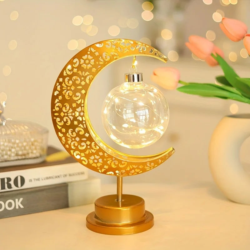 Muslim Festival LED Star Moon Lamp - Ramadan Hollow Iron Design, Battery Operated (Battery Not Included) for Table Desk Outdoor Vue