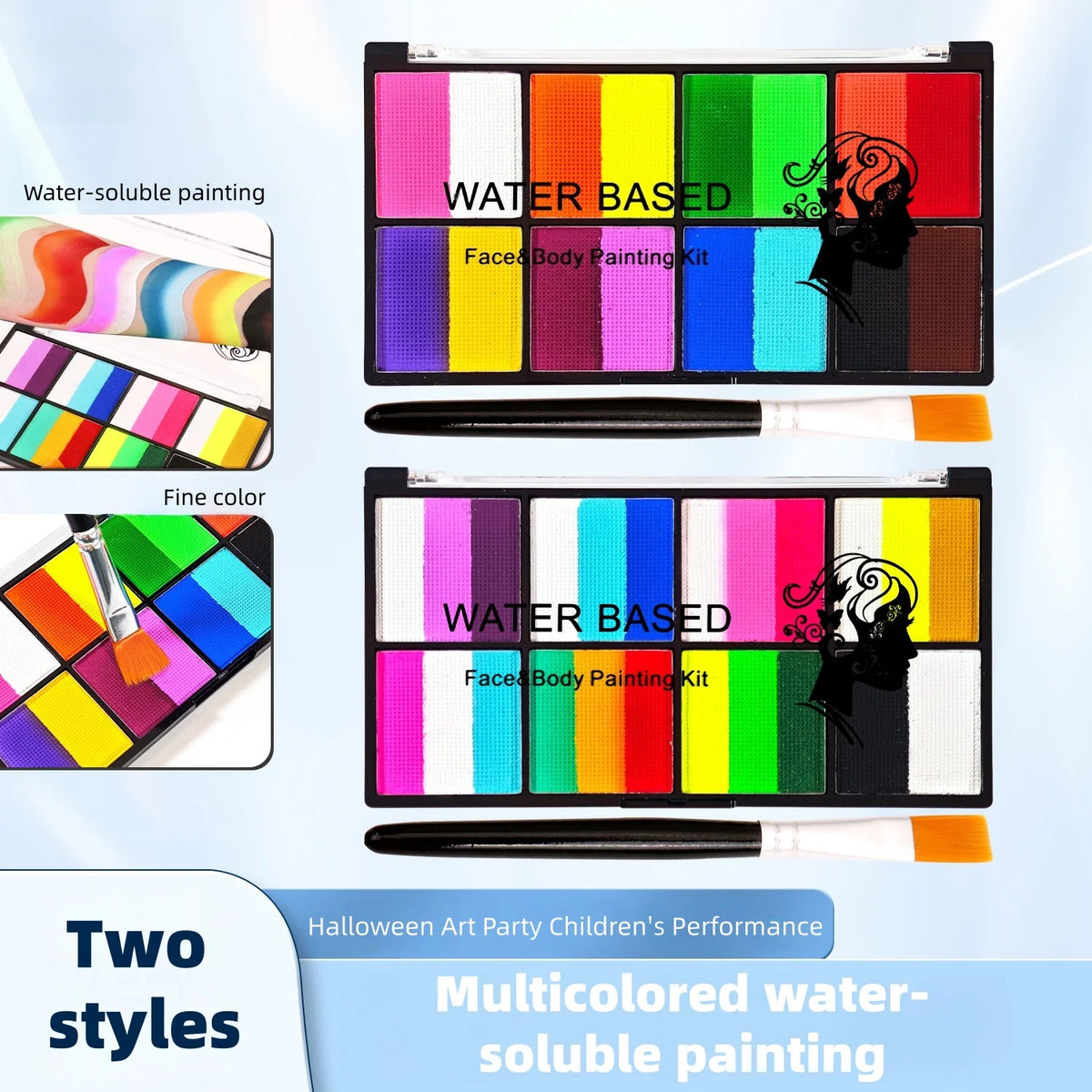 Palette Rainbow Stripe Paint Set with Brushes Water Based Dual-Tone Face and Body Paint Palette Christmas Halloween Cosplay Vue