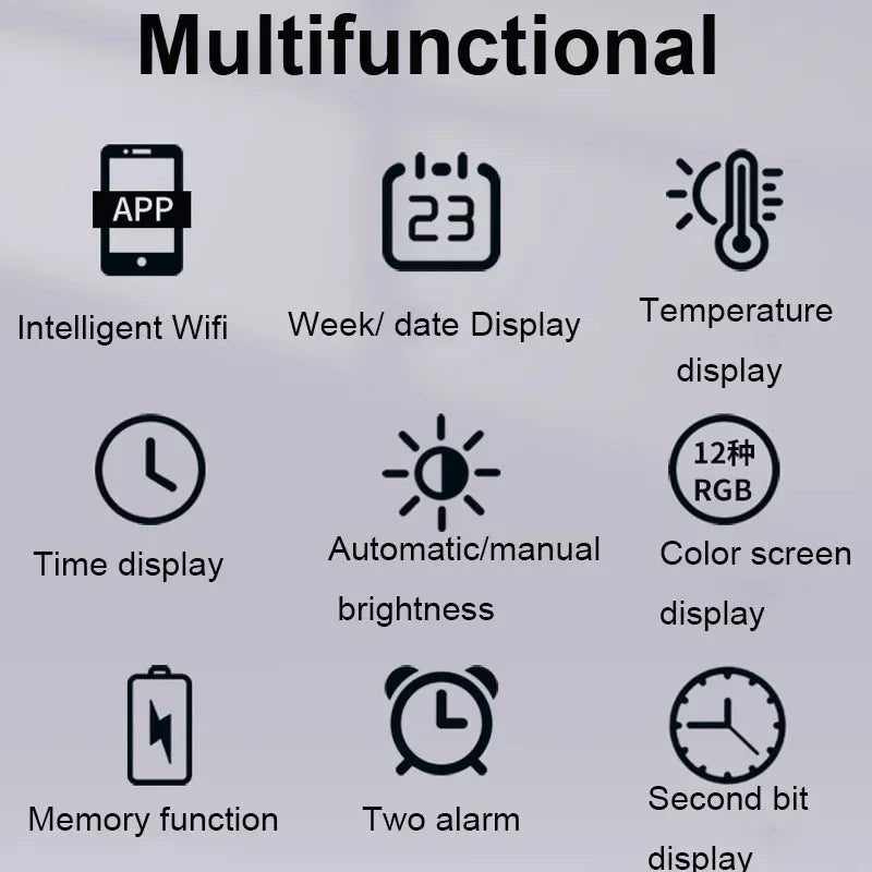 WiFi RGB Wall Hanging Clock Colorful Led Wall Calendar Clock Date Temperature Display and Dual Alarms Digital Clock Vue