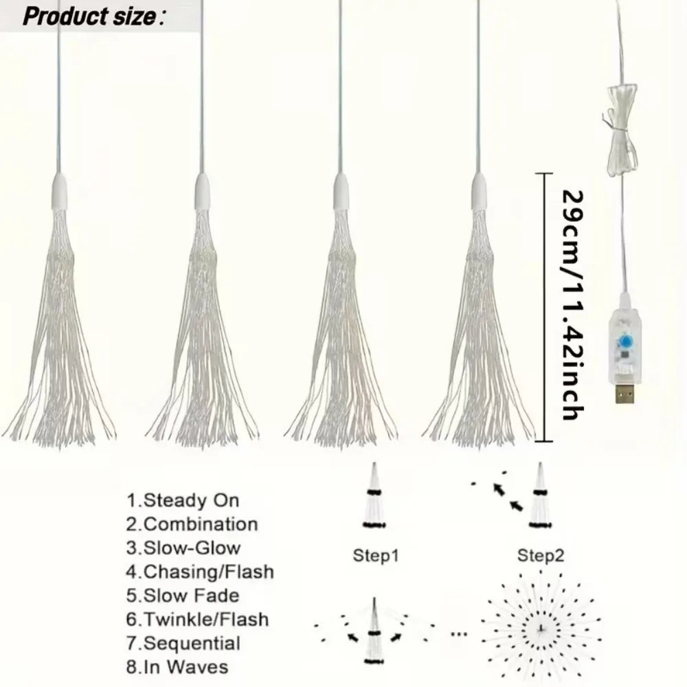 1Set of 4PCS USB Fireworks Lights with 8 Modes, 360LED Hanging String Light, Used for Porches Patios Garden Indoor Outdoor Decor Vue