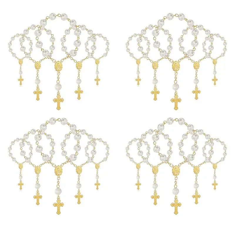 ABKW-40Pcs Baptism Favors With Cross Mini Rosaries Acrylic Beads Bracelet Christening Communion Finger Rosarie Bracelet Vue