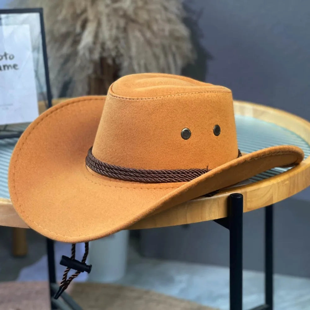 Fashion Western Cowboy Hat Ethnic Large Brim Felt Fedora Hats Vue Brown