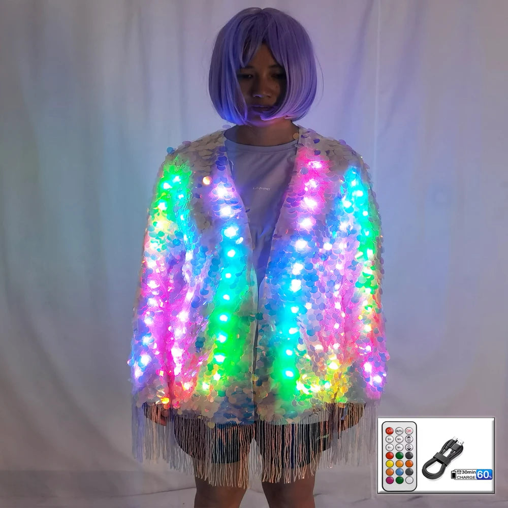 Women's LED Light-Up Sequin Tassel Belly Dance Dress Luminous Performance Costume for Festival And Stage Vue