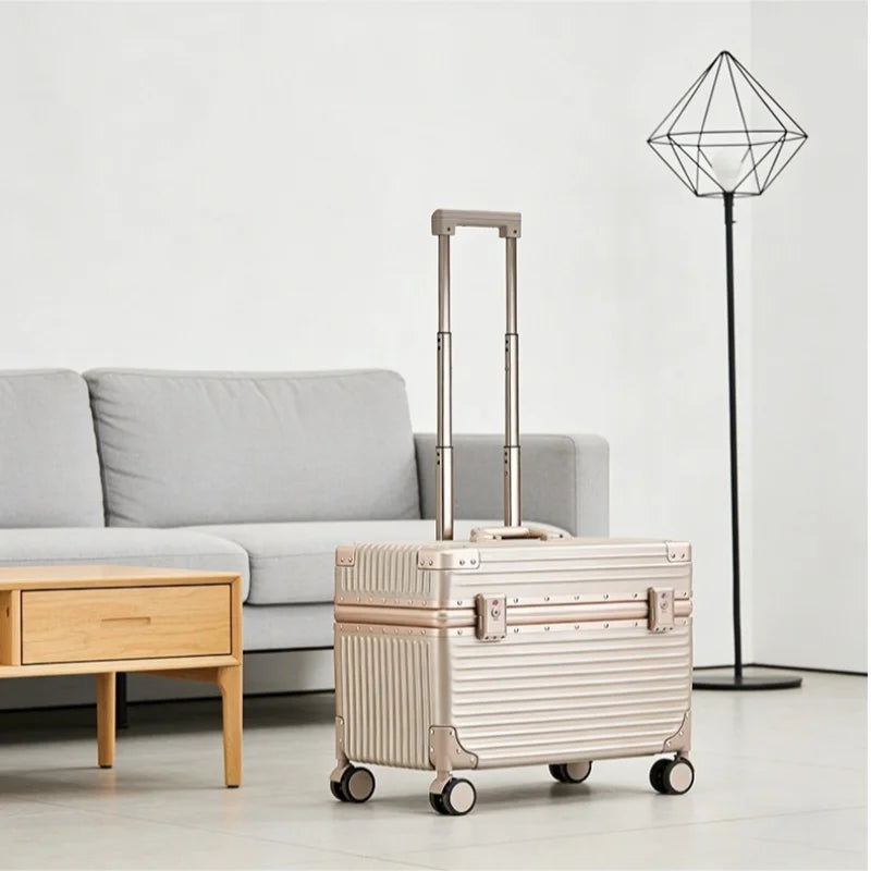 Carry On 18 Inch Aluminum Alloy Frame Luggage Men's PC Material Suitcase Women's Tool Luggage Photography Luggage Vue 9002-Gold