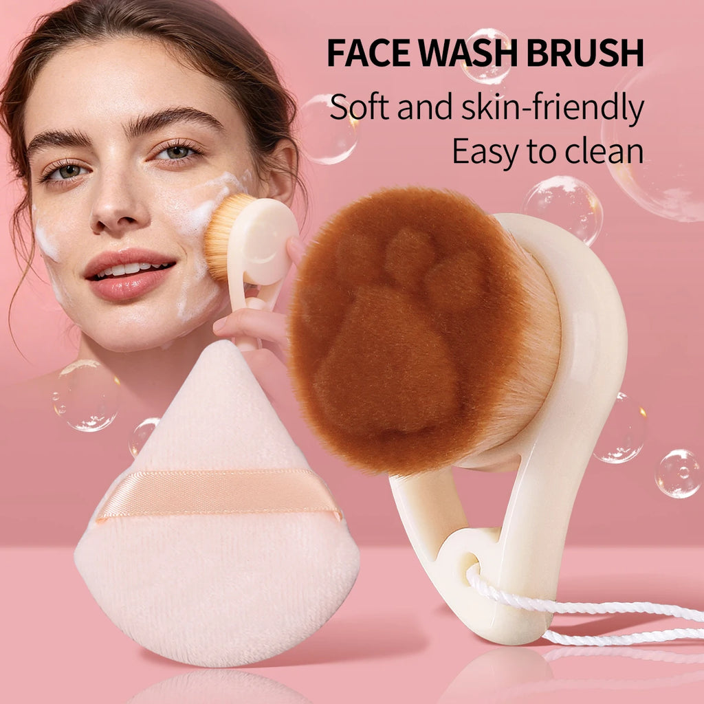 Hot Sale 2PCS 2 In 1 Beauty Tool Set, Paw Face Cleansing Brush & Triangle makeup Puff for Deep Cleansing & Flawless Base Makeup Vue Ivory