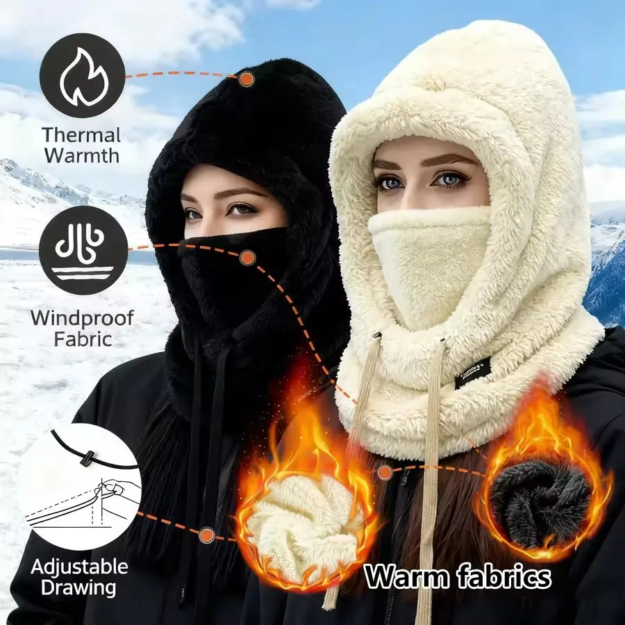 Winter Hat Plush Ear Protection Integrated Neck Warmer Thickened Windproof Face Mask for Women Skiing Cycling Outdoor Sports Vue