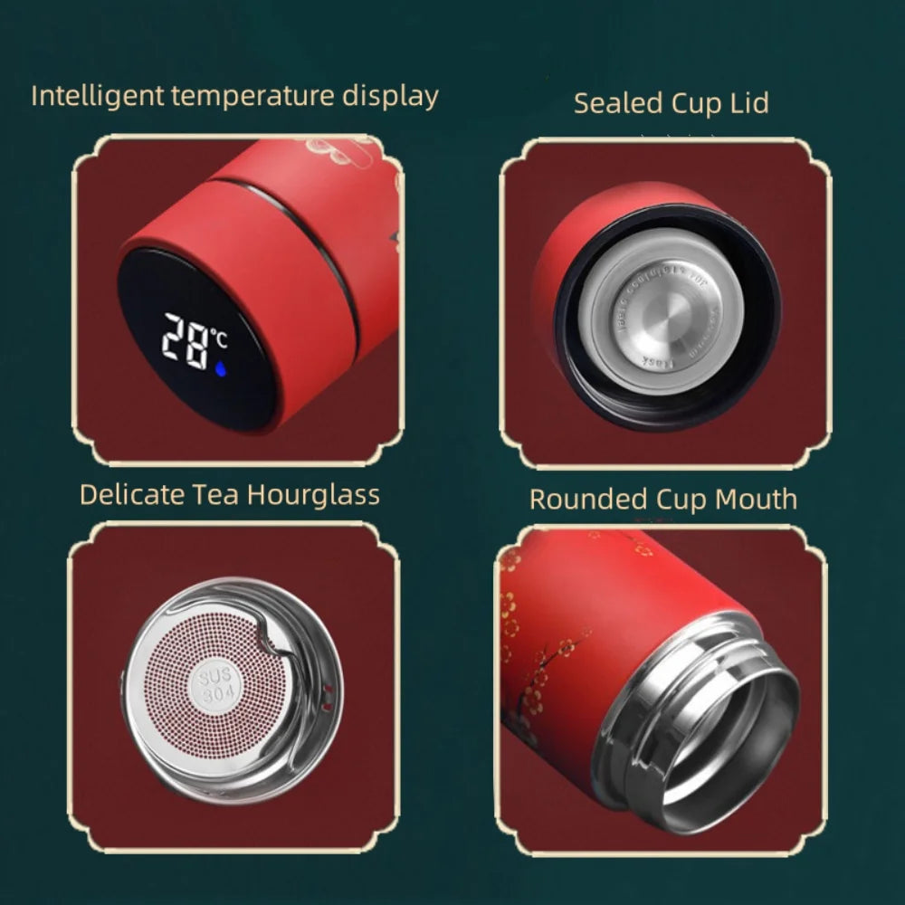 Chinese Style Vacuum Flask With Temperature Display Retro Smart Insulated Water Bottles 304 Stainless Steel Thermal Cu Travel Vue