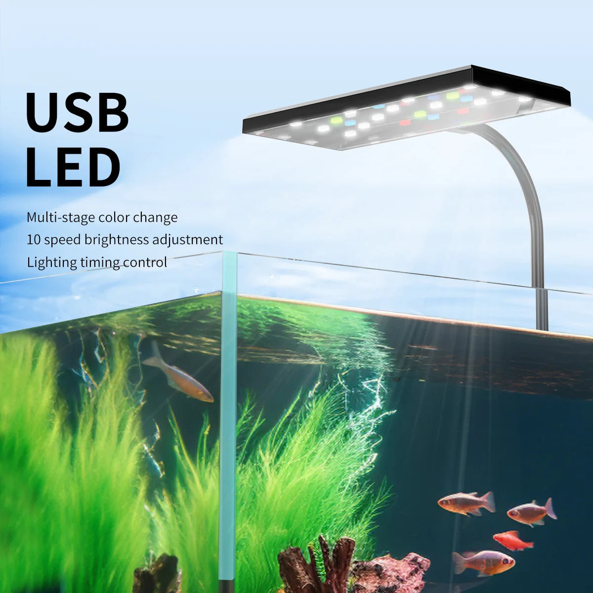 360° Rotatable Light Aquarium USB LED Light Full Spectrum Aquatic Plant Grow Lamp Fish Tank Adjustable Brightness Dimmable Timed Vue