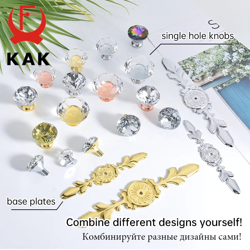 KAK Gold Diamond Crystal Glass Cabinet Knobs and Handles Cupboard Door Pulls Zinc Alloy Kitchen Handle Furniture Door Hardware Vue