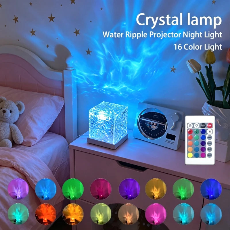 16 Colors Water Ripple Projector Dynamic Rotating LED Night Light with Remote Dimming Family Bedroom Romantic Ocean Decor Lamp Vue