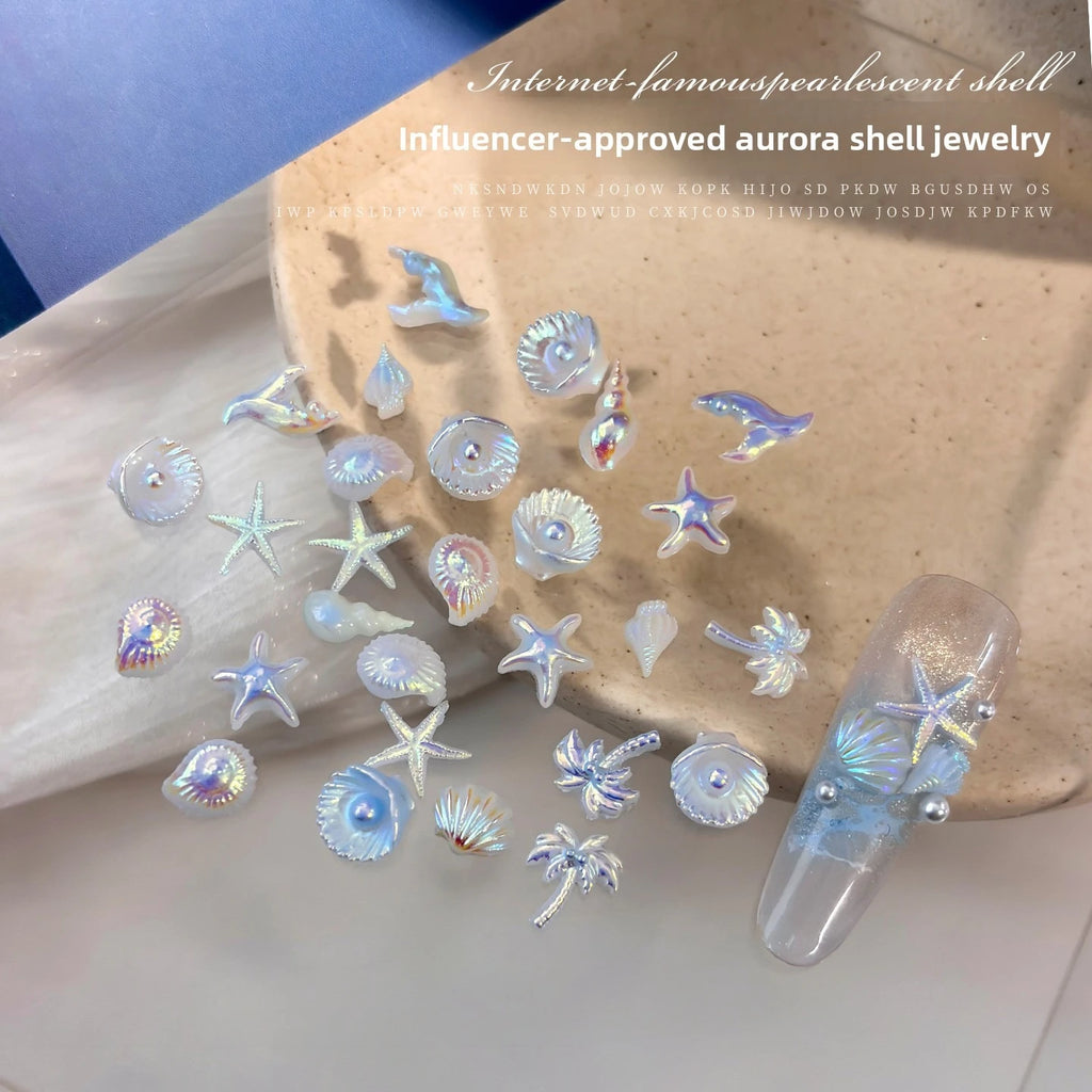 Mixed Aurora Shell Nail Charms Ocean Series Starfish Conch Coconut Tree Resin Nail Art Decorations DIY Manicure Accessories Vue