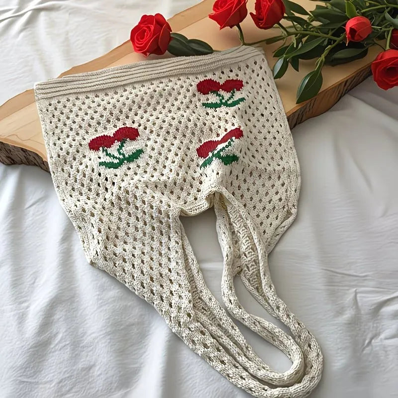Women Stylish Turtle Cherry Pattern Crochet Tote Bag Large Capacity