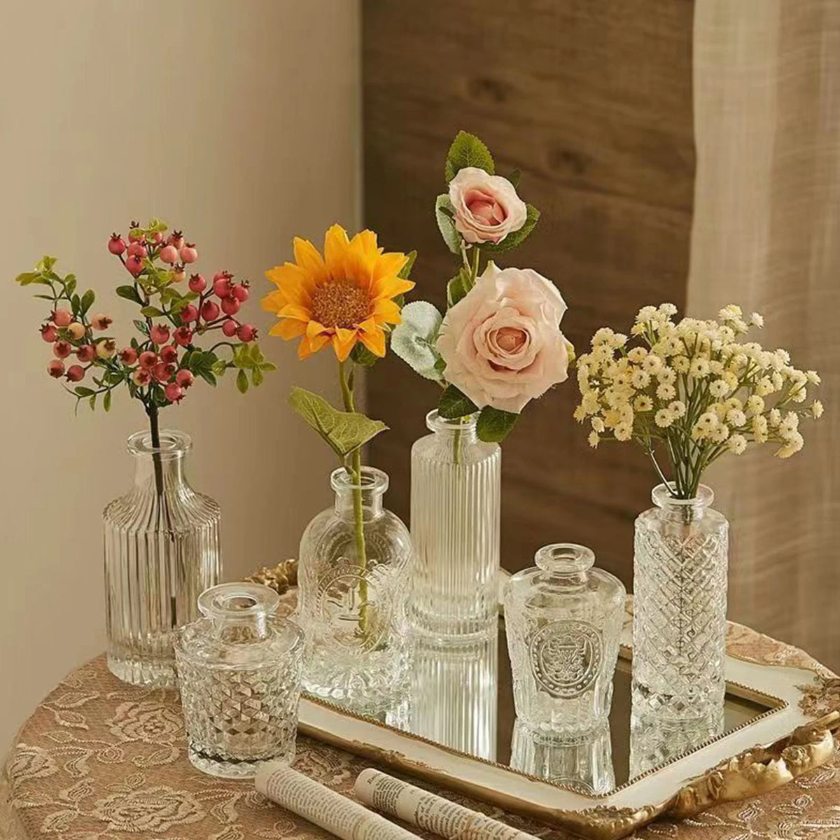 40PCS French Retro Relief Mini Glass Vase Simple Desktop Decor Bottle Transparent Striped Flower Vases Home Office Decoration Vue