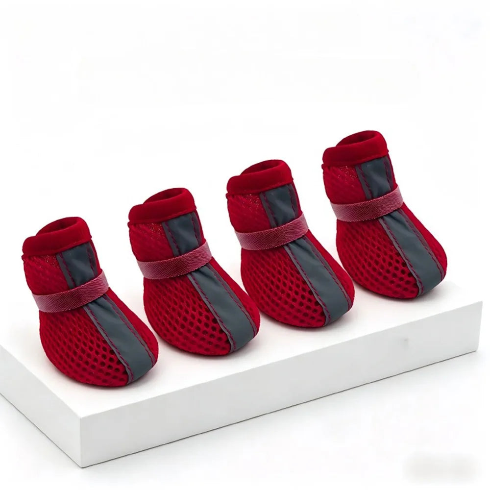 4PCS/SET Non-slip Mesh Dog Shoes Breathable Wear-resistant Pet Booties Reflective Stripe Hook-and-loop Strap Pet Paw Protector Vue Red XL