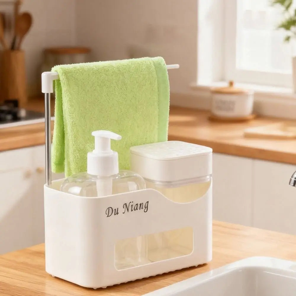 4-in-1 Hand and Dish Soap Dispenser Set Plastic Refillable Press Soap Dispenser Rag Holder with Sponge Holder Shampoo Bottle Vue