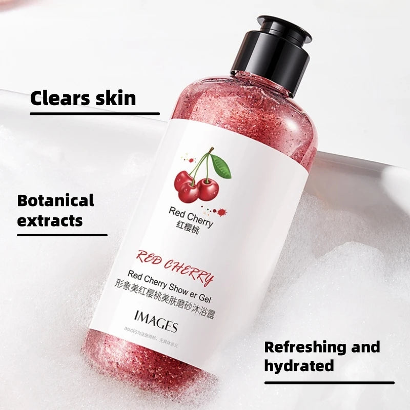 300ml Red Cherry Beauty Scrub Shower Gel, Rich in Cherry Fruit Extract and Other Ingredients, with a Fresh Fruit Aroma, Long-Lasting Fragrance, and Fine Scrub Particles That Effectively Deeply Cleanse the Skin, Leaving It Fee Vue