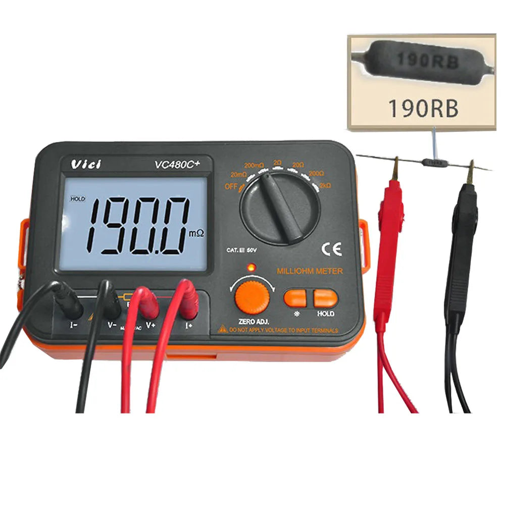 Digital Milli-ohm Meter VC480C+ LCD Backlit 4 Wire Low Resistance Multimeter 6 Range Accuracy Meter 0.01mΩ-2kΩ with Test Clip Vue