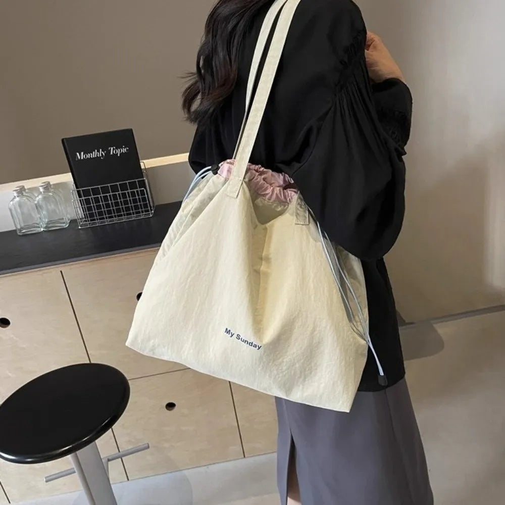 Large Capacity Tote Bag Canvas Lightweight Shoulder Drawstring Women