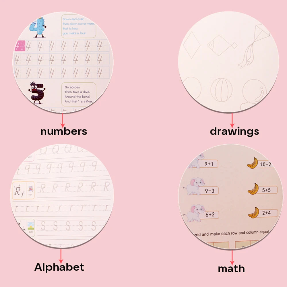 Children Reusable Magic Practice Copybook Kids Grooved Handwriting Tracing Book with Pen Holder Preschool Learning Boy Girl Gift Vue