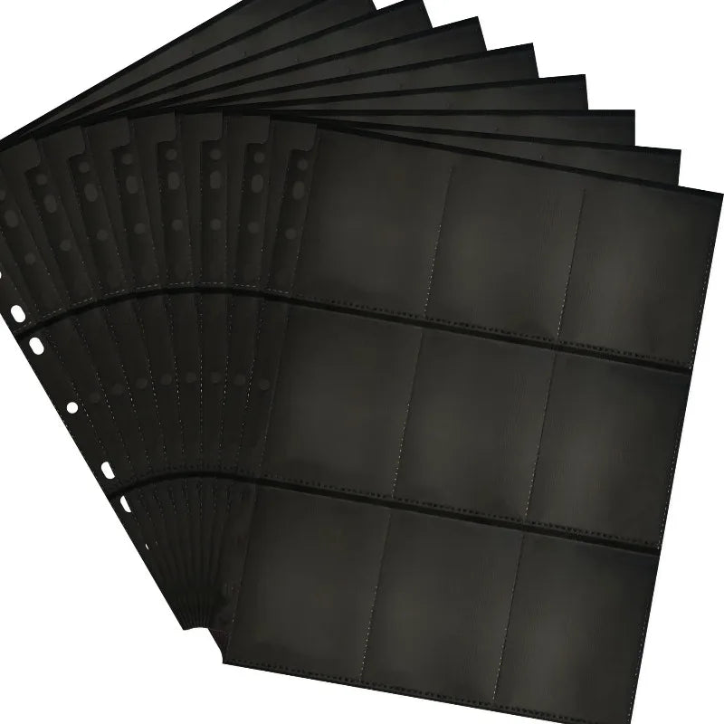 10PCS 11 Holes Double-Sided Card Sleeves Album Binder Sheets A4 Black 9 Pockets Pages Protector Cards Game Cards Binder Vue