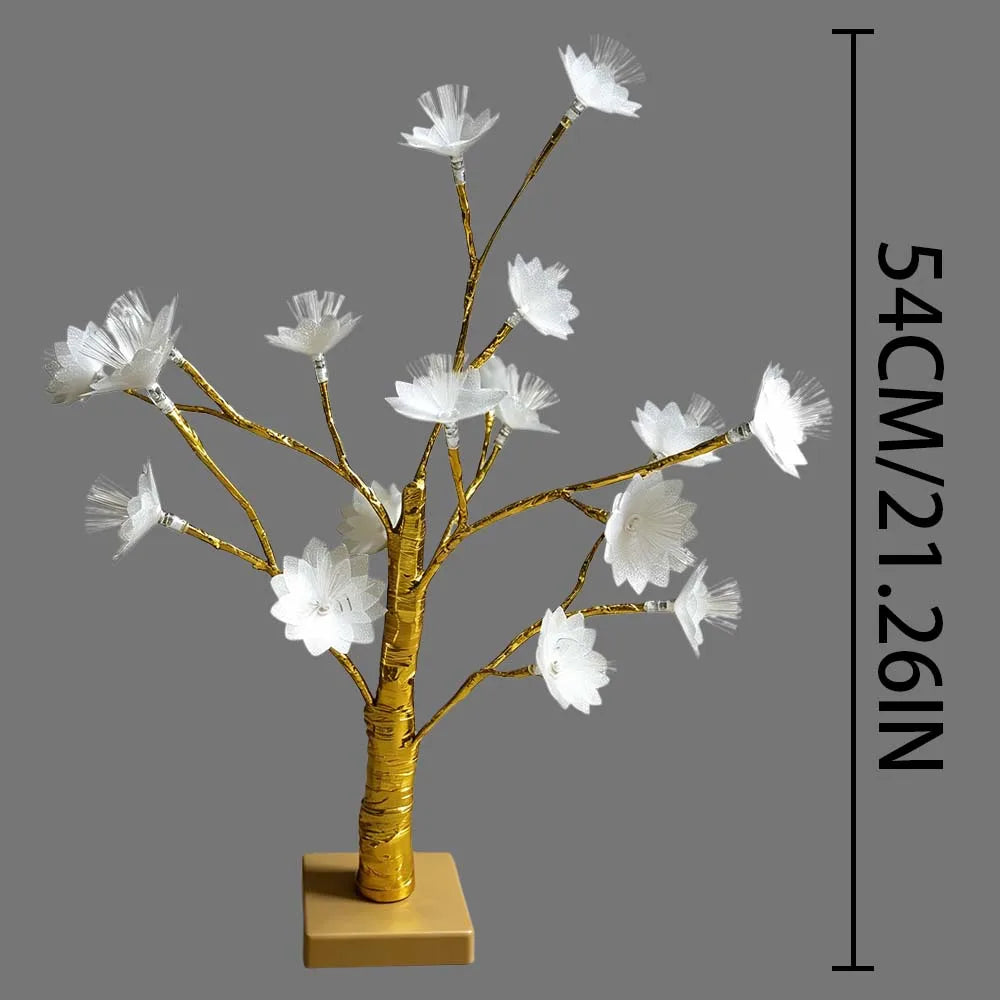Double Layer Fiber Optic Lotus Flower Golden Birch Tree LED Table Lamp, Floral Desktop Light for Bedroom Table Home Decor Vue