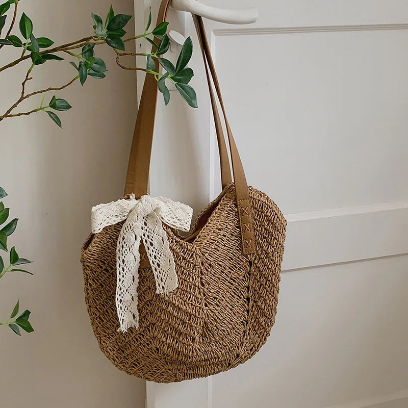 Summer Bucket Straw Bags Women Rattan Shoulder Bag Handmade Woven