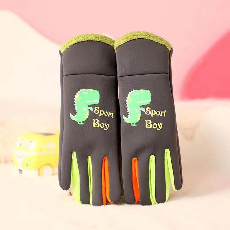 Kids Warm Gloves Autumn Winter Cartoon Dinosaur Boys Girls Outdoor Cycling Windproof Water-Repellent Gloves Vue M Dark gray