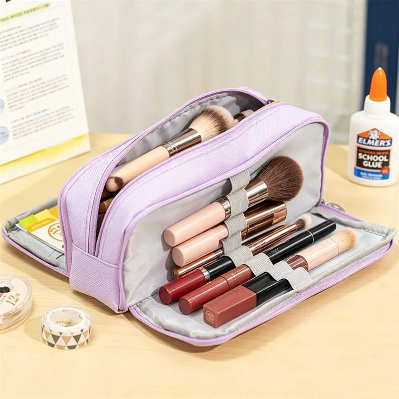 Double Sided Makeup Brush Holder Nylon Cosmetic Tools Pouch for Brushes Lipsticks Beauty Tools with Elastic Loops & Mesh Pockets Vue