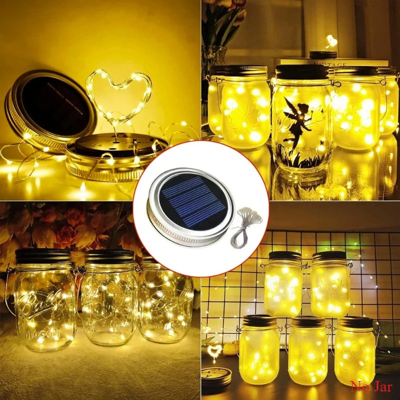 Solar Mason Jar Lid Light 20 Leds Fairy String Lights with Handles for Garden Hanging Lantern Patio Wedding Party (No Jar) Vue