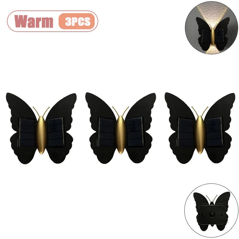 1-5PCS Solar Butterfly Wall Light IP65 Waterproof Modern Accent Lamp for Outdoor Stair Hallway Patio Balcony Garden Fence Vue Warm-3PCS