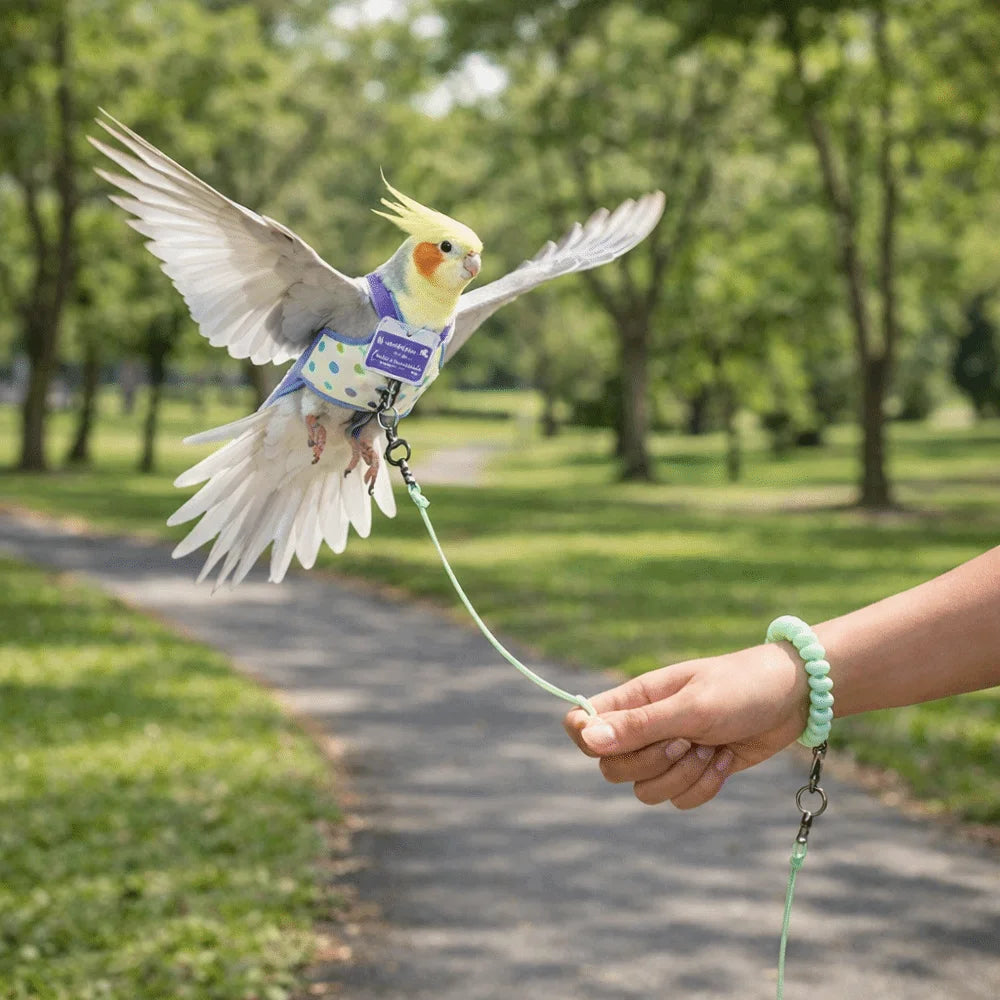 Escape Proof Parrot Flying Harness Polka Dot Print Anti-Bite Bird Harness Leash Breathable Bird Outgoing Leash Avian Vet Visits Vue