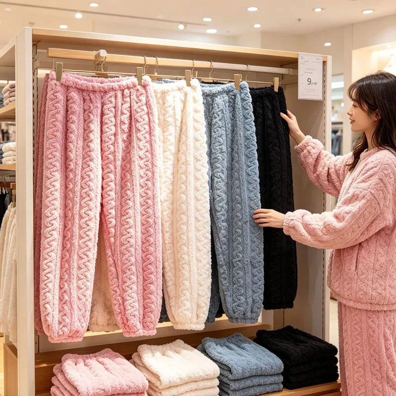 Women Coral Fleece Pants Thickened Warm Cable Knit Lounge Bottoms Relaxed Fit Sleep Pajama Pants for Home Winter Wear Vue